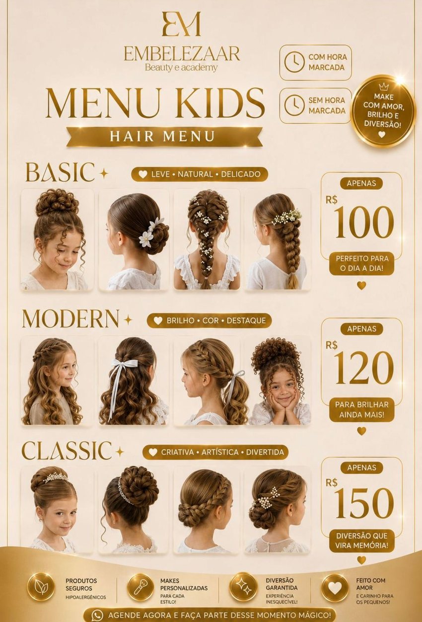 Menu Kids Hair com valores Basic 100, Modern 120 e Classic 150