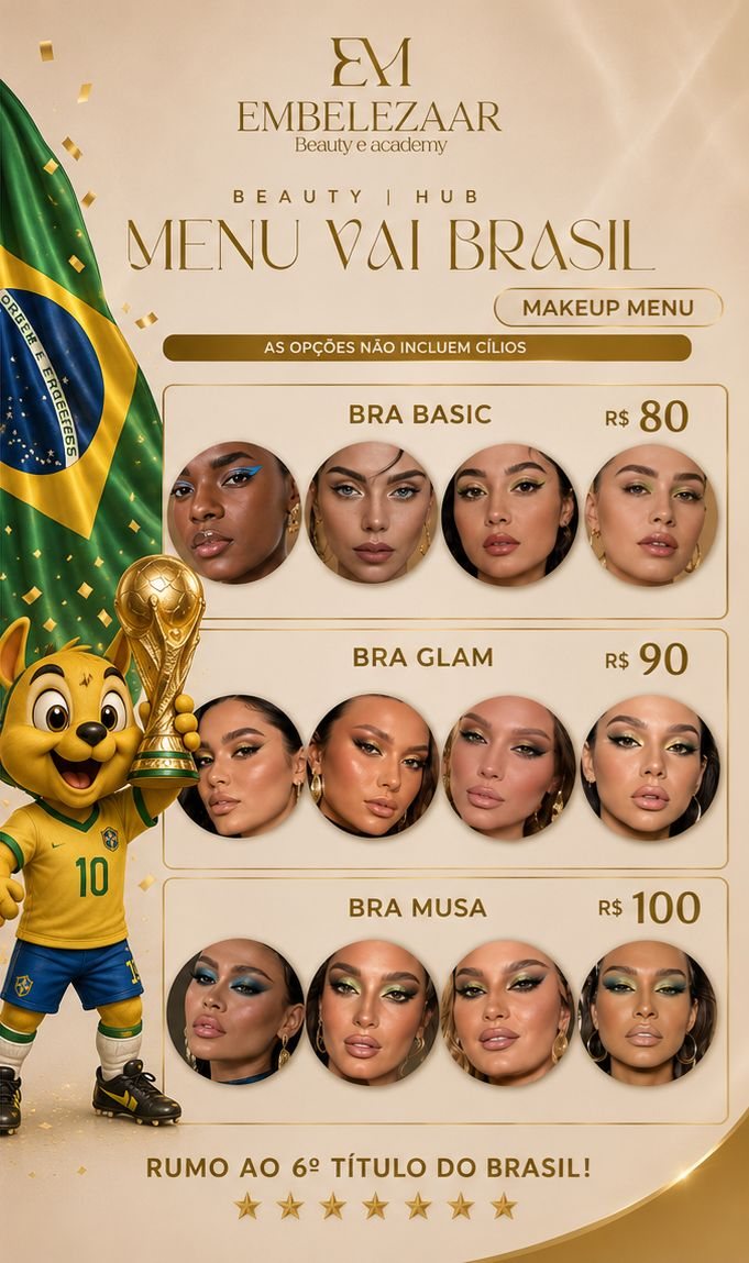 Menu Vai Brasil Makeup Menu: Bra Basic 80, Bra Glam 90 e Bra Musa 100