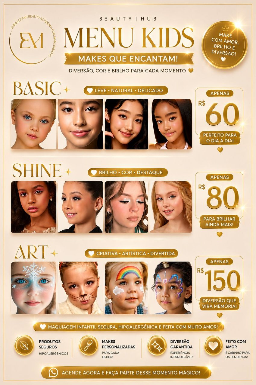 Menu Kids Makes com valores Basic 60, Shine 80 e Art 150